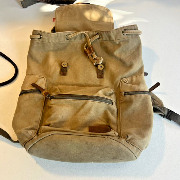 Augur Strauss Backpack Laptop Canvas Drawstring Leather Trim Boho Hiking Unisex - Picture 4 of 13